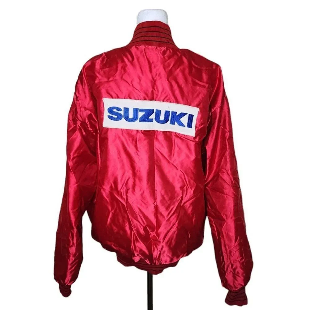 Vintage 80s Suzuki Satin Bomber Jacket Mens Size L Red